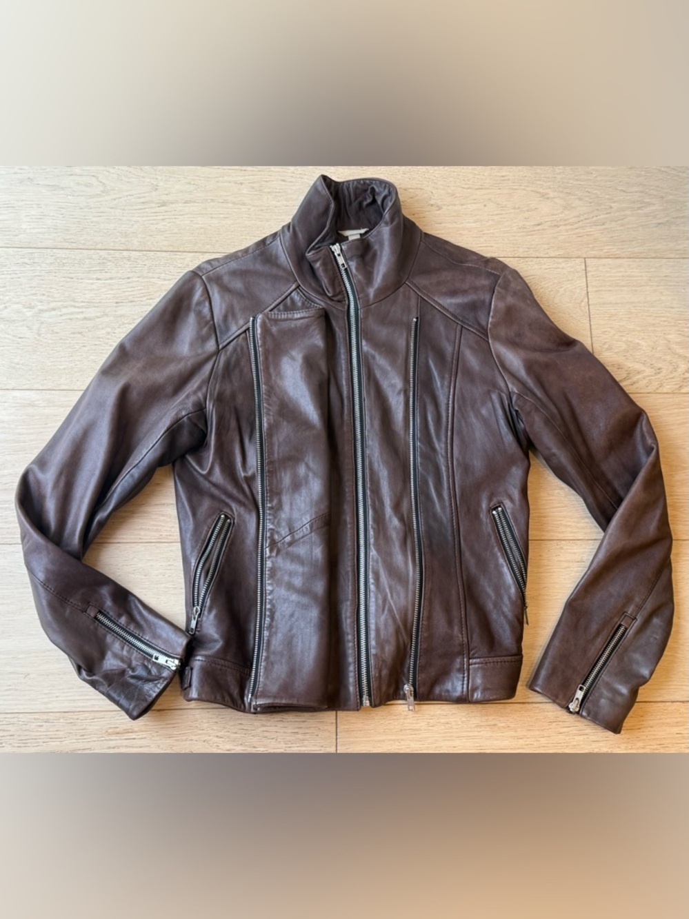 SOIA & KYO Vintage Genuine Lambskin Leather Jacket Multi-Zip Moto Espresso Brown - Picture 4 of 7